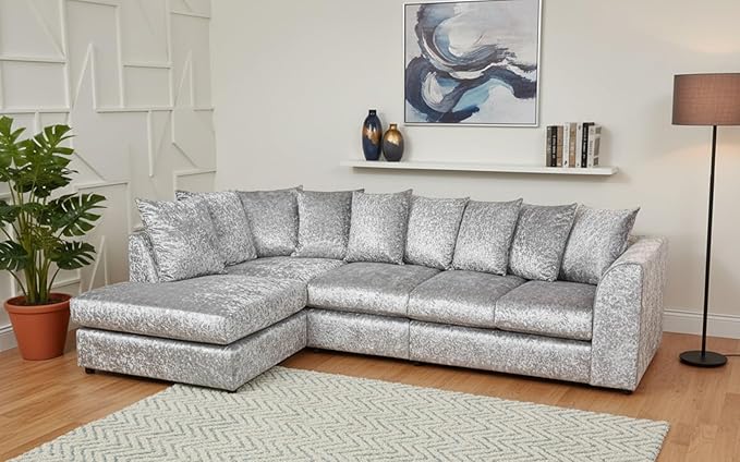 Modern Silver Crushed Velvet Corner Sofa, Spacious Modular 5 Seater Suite