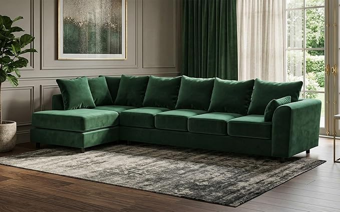 Grey Plush Velvet 6 Seater Corner Sofa | L Shaped Fabric Sofa Set | Modern Upholstered Living Room Couch | Soft Cushioned Settee | Left or Right Hand Facing UK