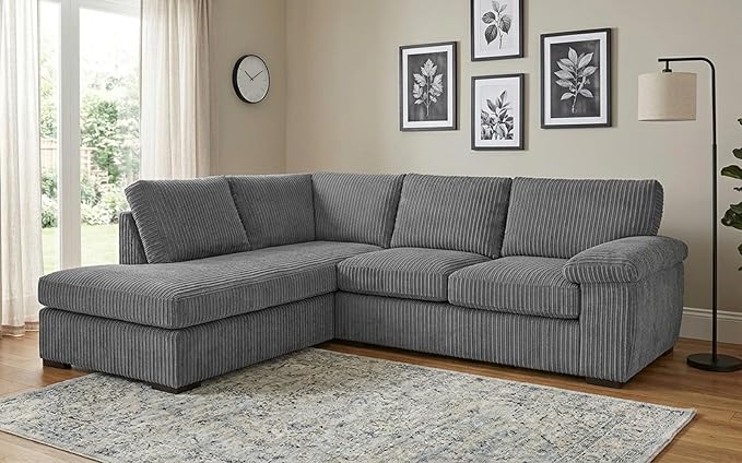 Comfy Jumbo Cord Corner Sofa with High Back Cushions and Deep Seats