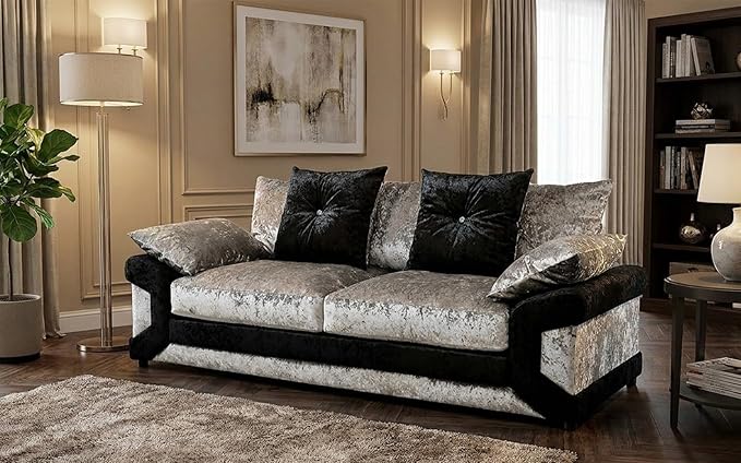 Dino 3+2 Crushed Velvet Silver and Black Scatter Back Sofa Set