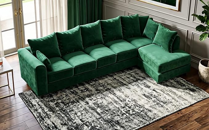 Grey Plush Velvet 6 Seater Corner Sofa | L Shaped Fabric Sofa Set | Modern Upholstered Living Room Couch | Soft Cushioned Settee | Left or Right Hand Facing UK