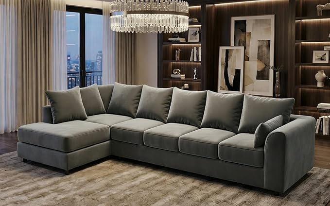 Grey Plush Velvet 6 Seater Corner Sofa | L Shaped Fabric Sofa Set | Modern Upholstered Living Room Couch | Soft Cushioned Settee | Left or Right Hand Facing UK