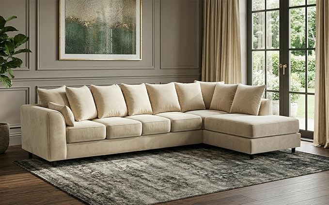 Grey Plush Velvet 6 Seater Corner Sofa | L Shaped Fabric Sofa Set | Modern Upholstered Living Room Couch | Soft Cushioned Settee | Left or Right Hand Facing UK