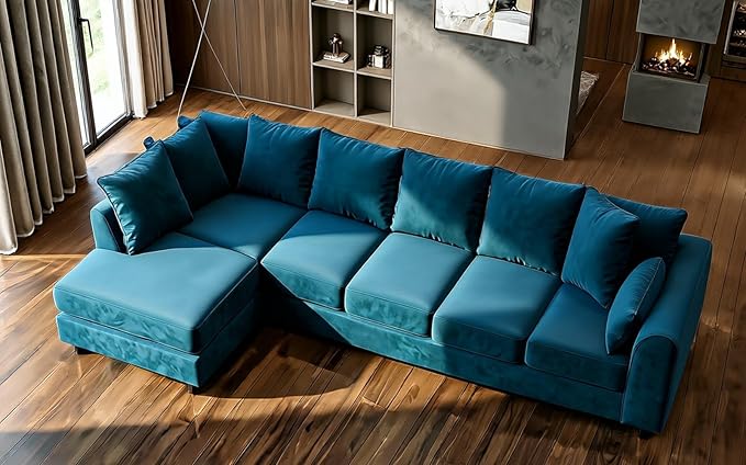 Grey Plush Velvet 6 Seater Corner Sofa | L Shaped Fabric Sofa Set | Modern Upholstered Living Room Couch | Soft Cushioned Settee | Left or Right Hand Facing UK