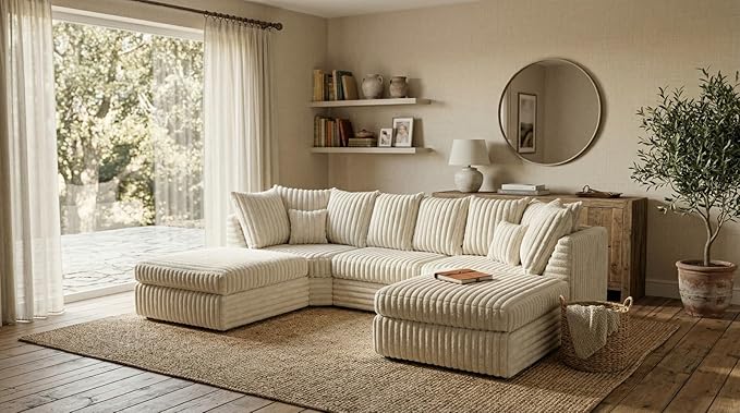 U Shaped Jumbo Cord 6 Seater Corner Sofa (Cream, Grey, Black)