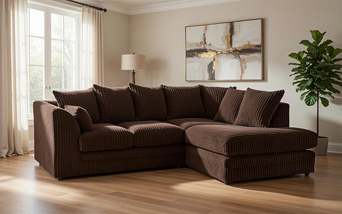 Brown Jumbo Cord Sofa Suite – Spacious L Shape Living Room Couch