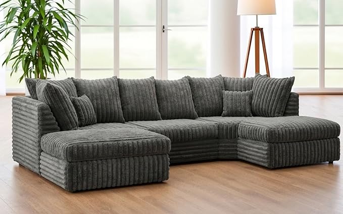 U Shaped Jumbo Cord 6 Seater Corner Sofa (Cream, Grey, Black)