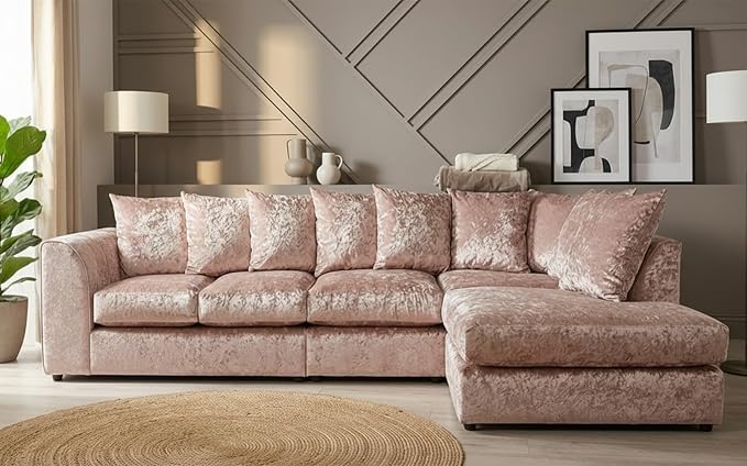 Modern Silver Crushed Velvet Corner Sofa, Spacious Modular 5 Seater Suite
