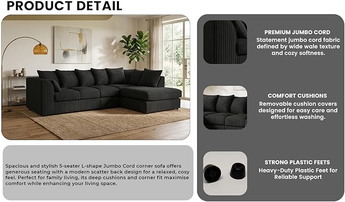 Elegant 5 & 6 Seater Jumbo Cord Corner Sofa Suite