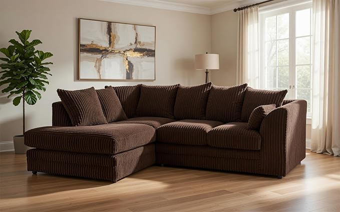 Brown Jumbo Cord Sofa Suite – Spacious L Shape Living Room Couch