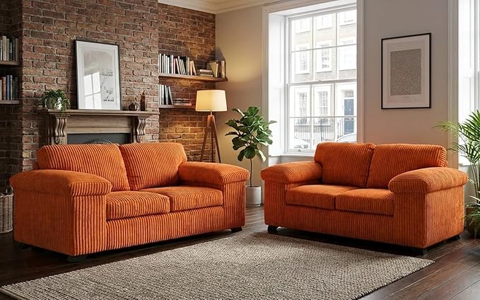 Grey Jumbo Cord 3+2 Sofa Set with Plush Scatter Back Design