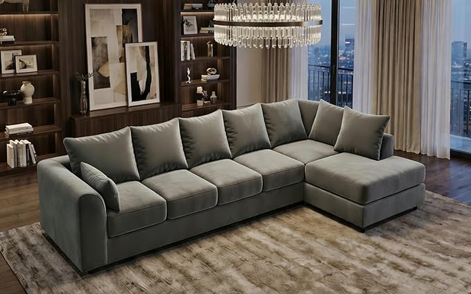 Grey Plush Velvet 6 Seater Corner Sofa | L Shaped Fabric Sofa Set | Modern Upholstered Living Room Couch | Soft Cushioned Settee | Left or Right Hand Facing UK