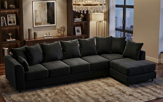 Grey Plush Velvet 6 Seater Corner Sofa | L Shaped Fabric Sofa Set | Modern Upholstered Living Room Couch | Soft Cushioned Settee | Left or Right Hand Facing UK