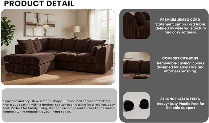 Brown Jumbo Cord Sofa Suite – Spacious L Shape Living Room Couch