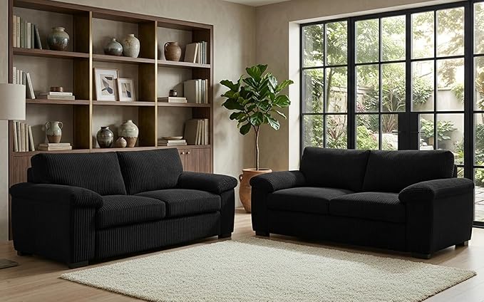 Grey Jumbo Cord 3+2 Sofa Set with Plush Scatter Back Design