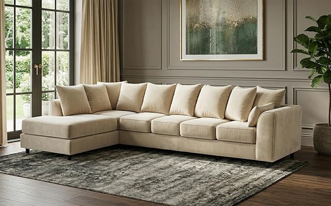 Grey Plush Velvet 6 Seater Corner Sofa | L Shaped Fabric Sofa Set | Modern Upholstered Living Room Couch | Soft Cushioned Settee | Left or Right Hand Facing UK