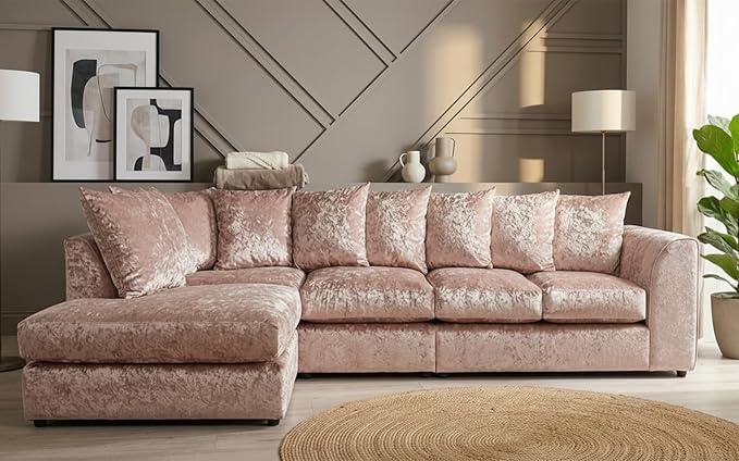 Modern Silver Crushed Velvet Corner Sofa, Spacious Modular 5 Seater Suite