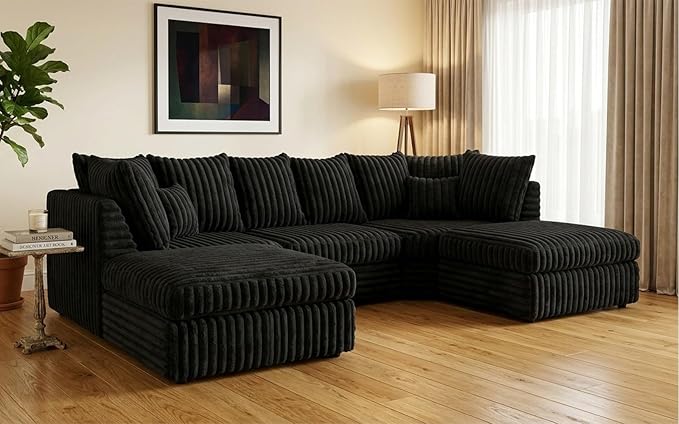 U Shaped Jumbo Cord 6 Seater Corner Sofa (Cream, Grey, Black)