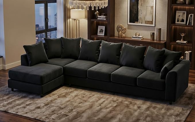 Grey Plush Velvet 6 Seater Corner Sofa | L Shaped Fabric Sofa Set | Modern Upholstered Living Room Couch | Soft Cushioned Settee | Left or Right Hand Facing UK