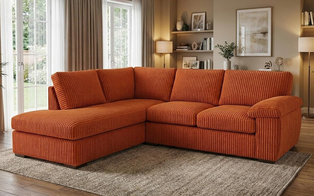 Comfy Jumbo Cord Corner Sofa with High Back Cushions and Deep Seats