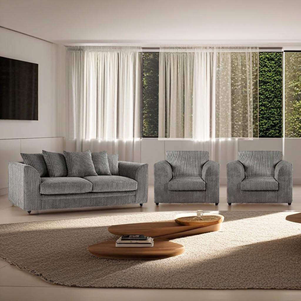 Grey Jumbo Cord 3 Seater Sofa Suite with Scatter Back Cushions