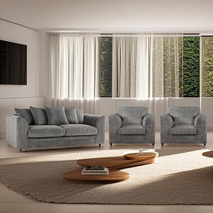 Grey Scatter Back 3 Seater Sofa and Armchair in Jumbo Cord