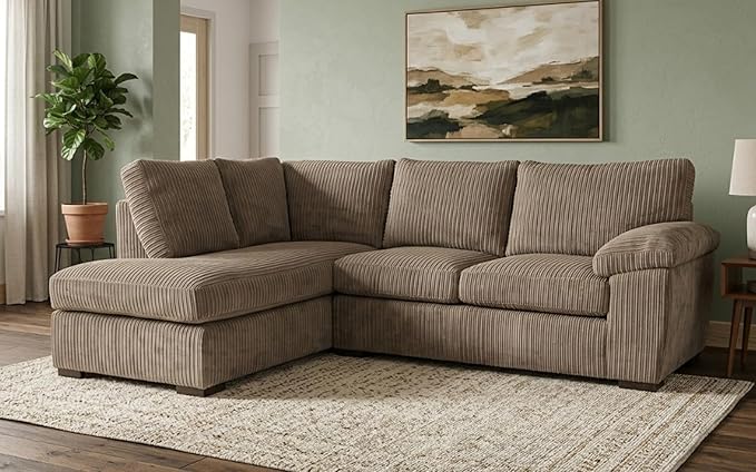 Comfy Jumbo Cord Corner Sofa with High Back Cushions and Deep Seats