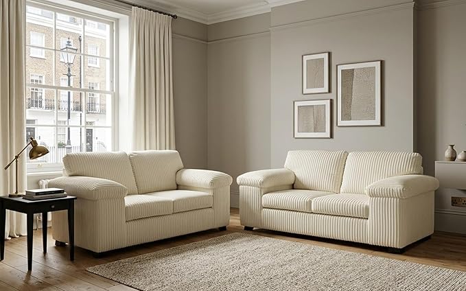 Grey Jumbo Cord 3+2 Sofa Set with Plush Scatter Back Design