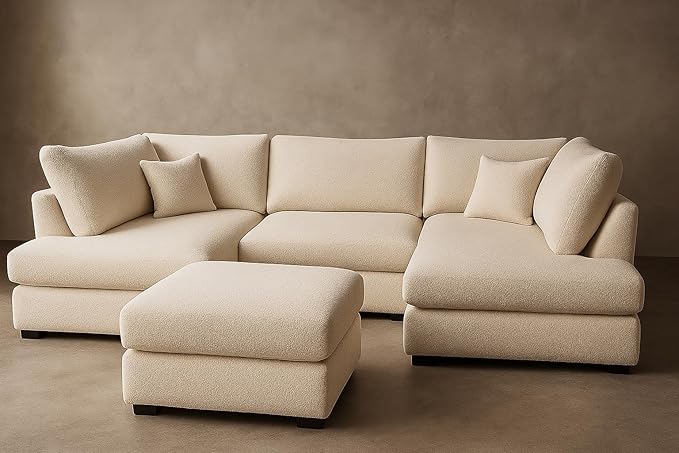 U Shape Boucle 6 Seater High Back Sofa (Cream)