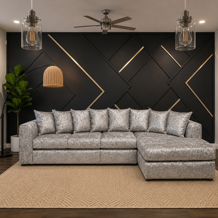 Modern Silver Crushed Velvet Corner Sofa, Spacious Modular 5 Seater Suite