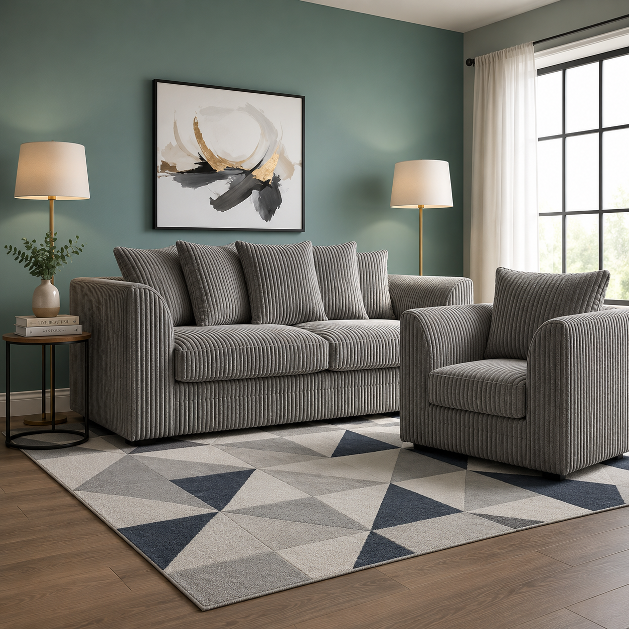 Grey Jumbo Cord 3 Seater Sofa Suite with Scatter Back Cushions