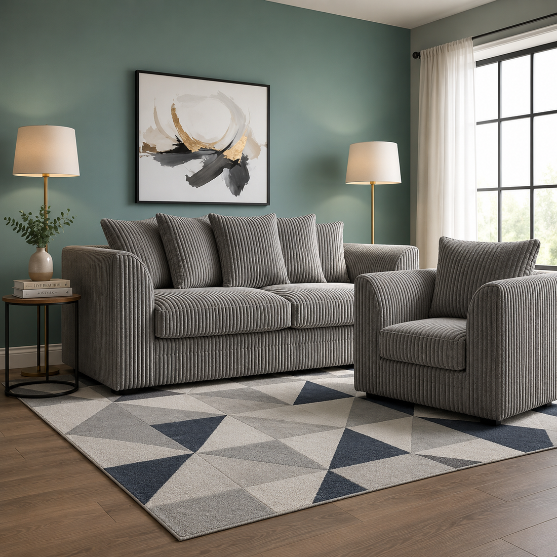 Grey Jumbo Cord 3 Seater Sofa Suite with Scatter Back Cushions