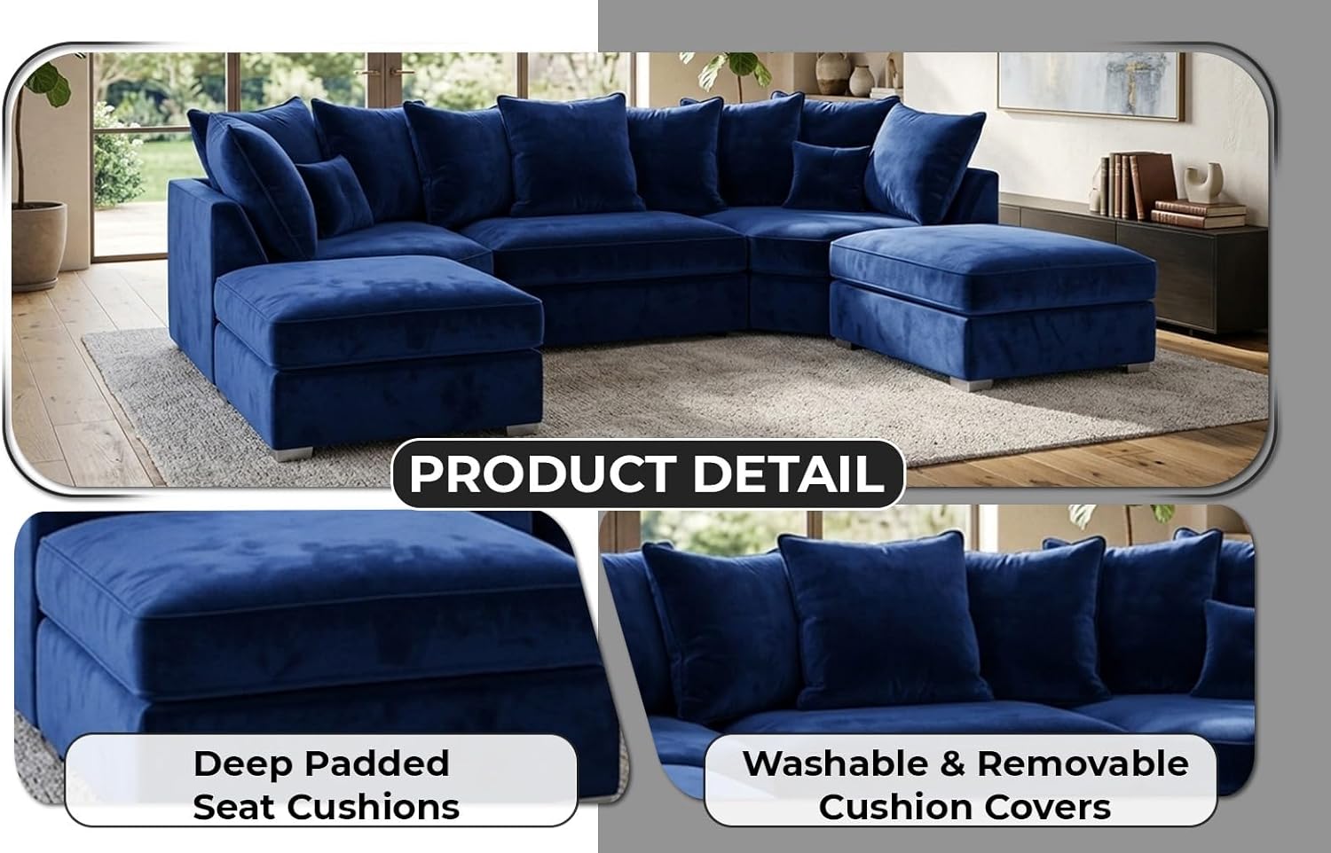 Bishop 7 Seater U-Shape Plush Velvet Sofa (Scatter Back, high Back)