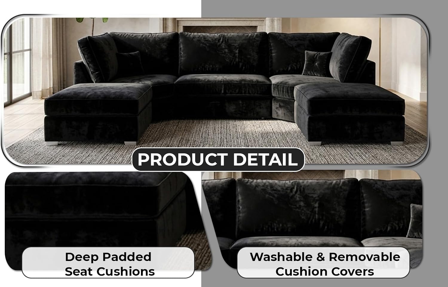 Bishop 7 Seater U-Shape Plush Velvet Sofa (Scatter Back, high Back)