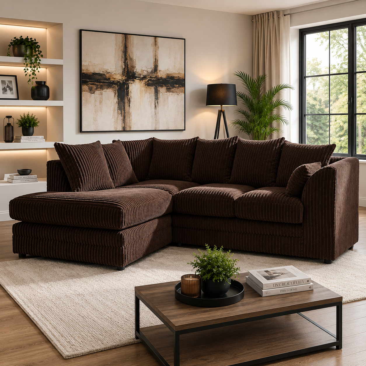 Brown Jumbo Cord Sofa Suite – Spacious L Shape Living Room Couch