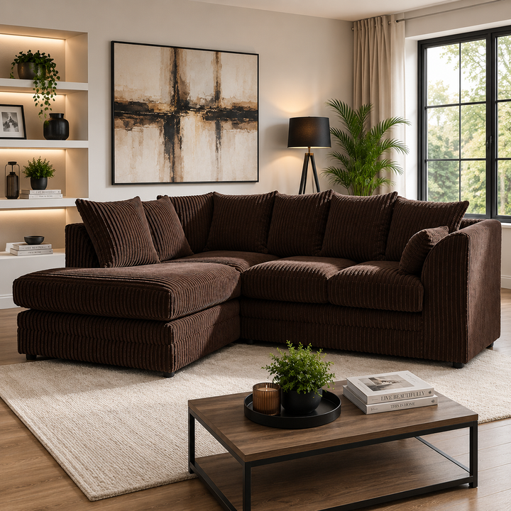 Brown Jumbo Cord Sofa Suite – Spacious L Shape Living Room Couch