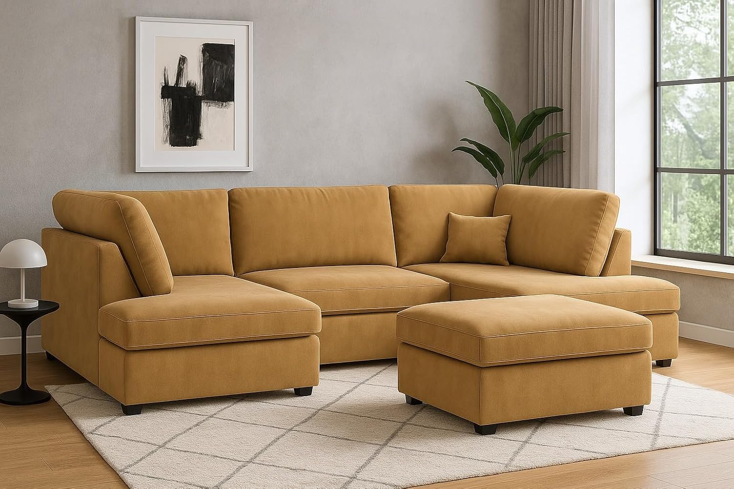 Cinema 4pc U shape 5 Seater Plush Velvet High Back Sofa (Beige, Cream)
