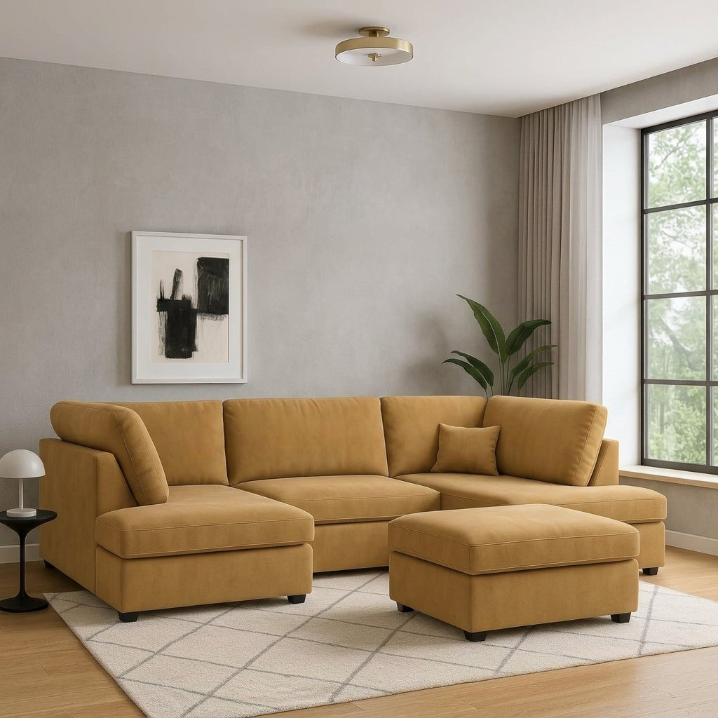 Cinema 4pc U shape 5 Seater Plush Velvet High Back Sofa (Beige, Cream)