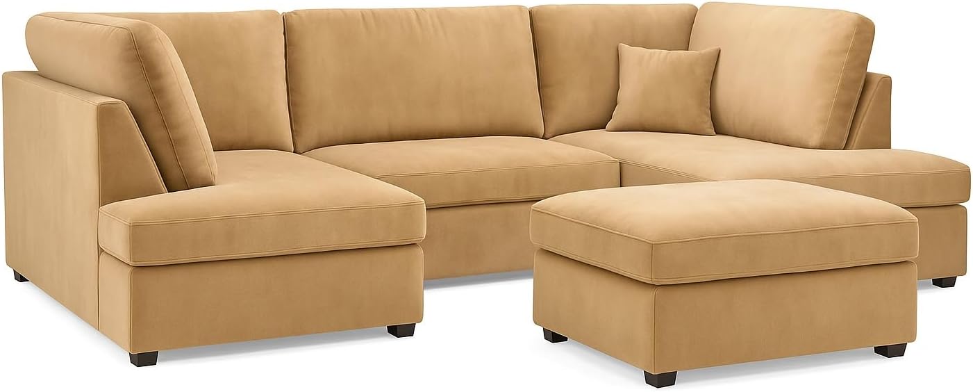 Cinema 4pc U shape 5 Seater Plush Velvet High Back Sofa (Beige, Cream)