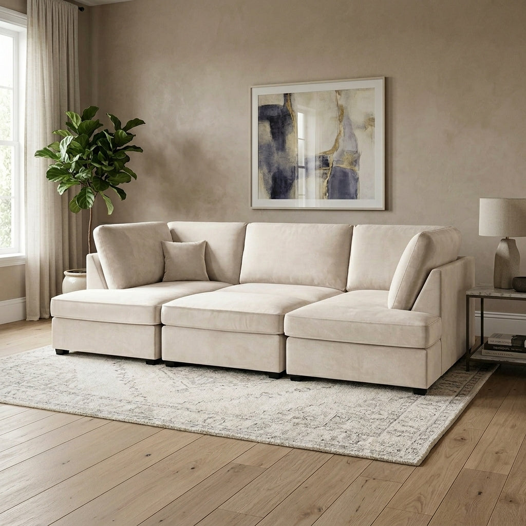 Cinema 4pc U shape 5 Seater Plush Velvet High Back Sofa (Beige, Cream)