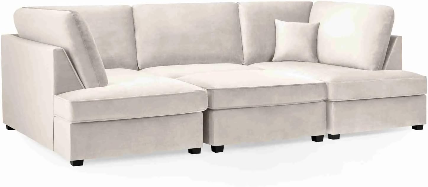 Cinema 4pc U shape 5 Seater Plush Velvet High Back Sofa (Beige, Cream)