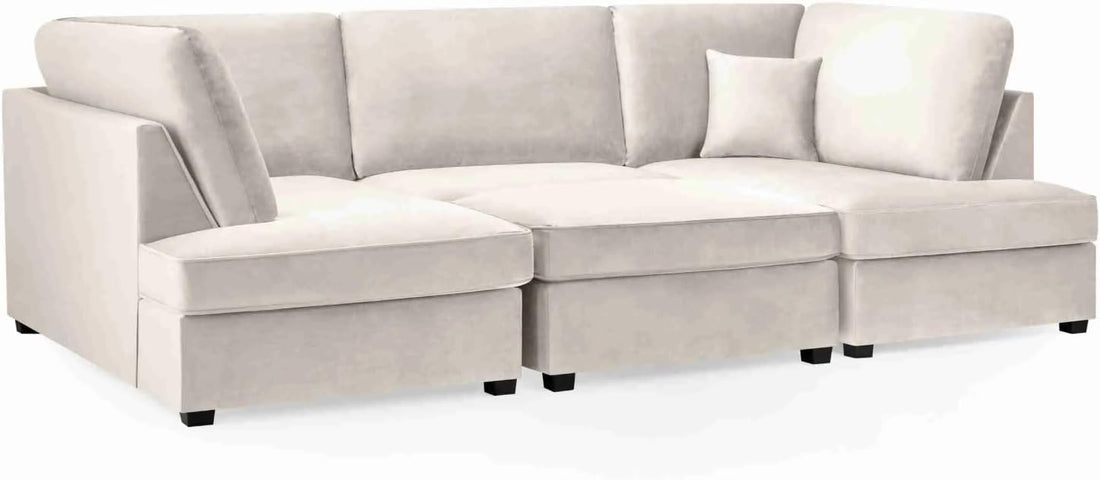 Cinema 4pc U shape 5 Seater Plush Velvet High Back Sofa (Beige, Cream)