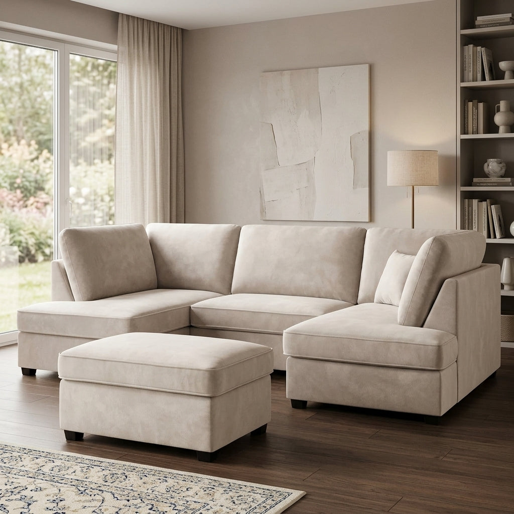Cinema 4pc U shape 5 Seater Plush Velvet High Back Sofa (Beige, Cream)
