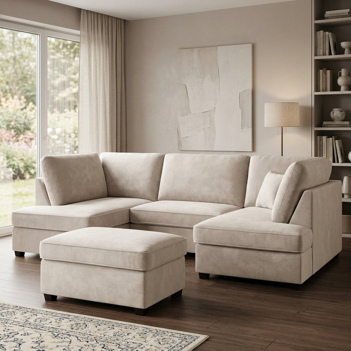 Cinema 4pc U shape 5 Seater Plush Velvet High Back Sofa (Beige, Cream)