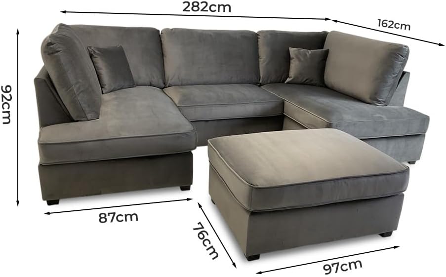 Cinema 4pc U shape 5 Seater Plush Velvet High Back Sofa (Blue, Steel Grey)