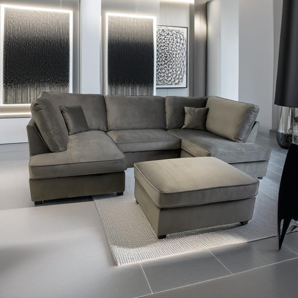 Cinema 4pc U shape 5 Seater Plush Velvet High Back Sofa (Blue, Steel Grey)