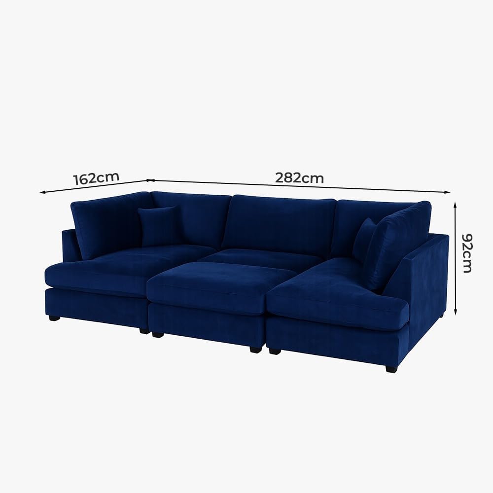 Cinema 4pc U shape 5 Seater Plush Velvet High Back Sofa (Blue, Steel Grey)