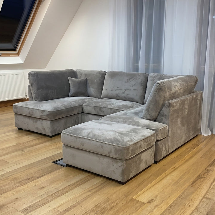Cinema 4pc U shape 5 Seater Plush Velvet High Back Sofa (Grey)