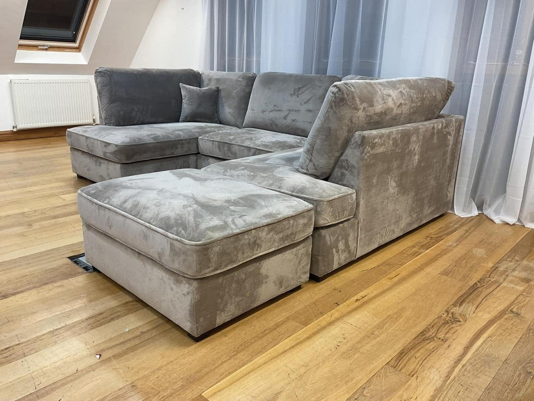 Cinema 4pc U shape 5 Seater Plush Velvet High Back Sofa (Grey)