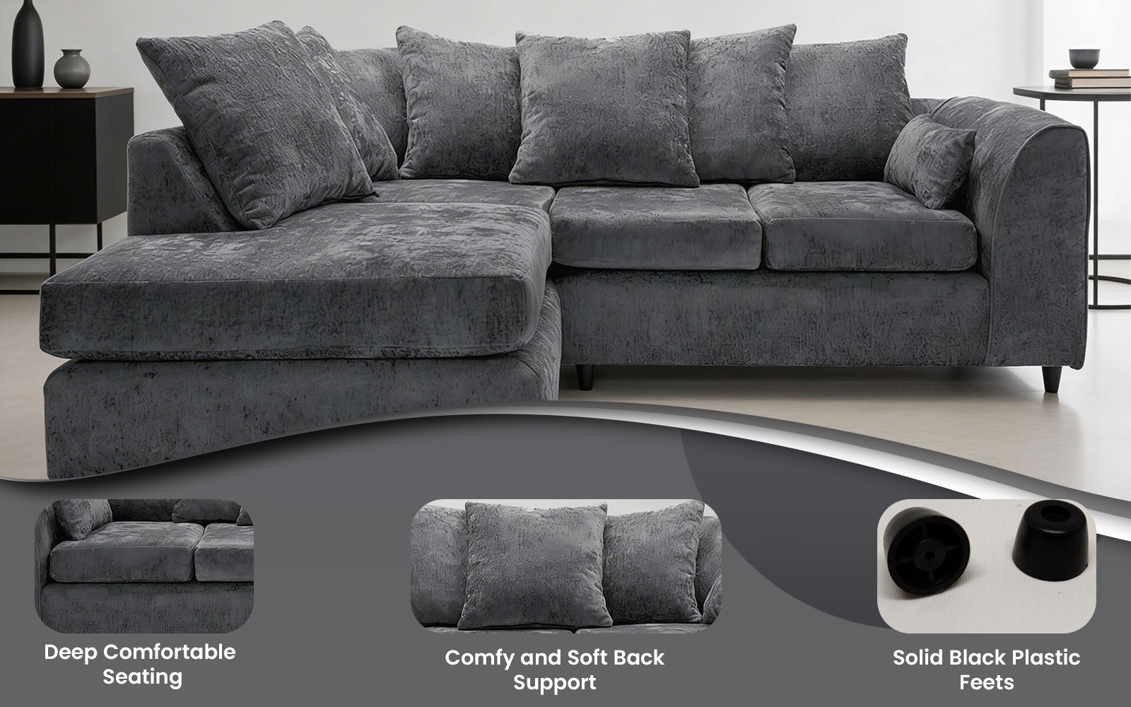 Dylan Alaska L Shape 4 Seater Corner Sofa (Dark Grey)